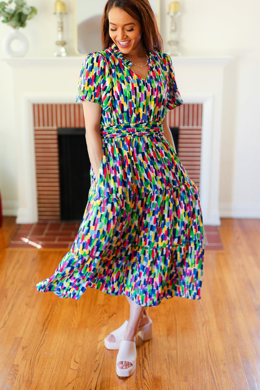 Eyes On You - Abstract Print Smocked-Waist Maxi Dress