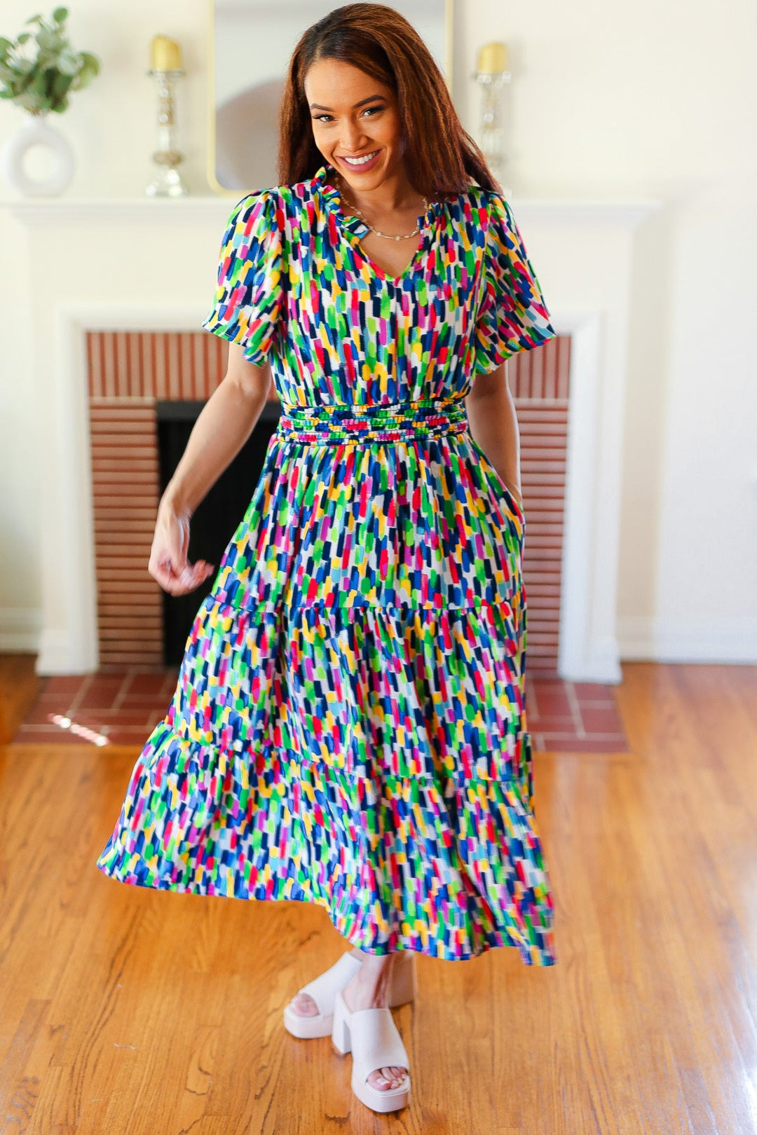 Eyes On You - Abstract Print Smocked-Waist Maxi Dress