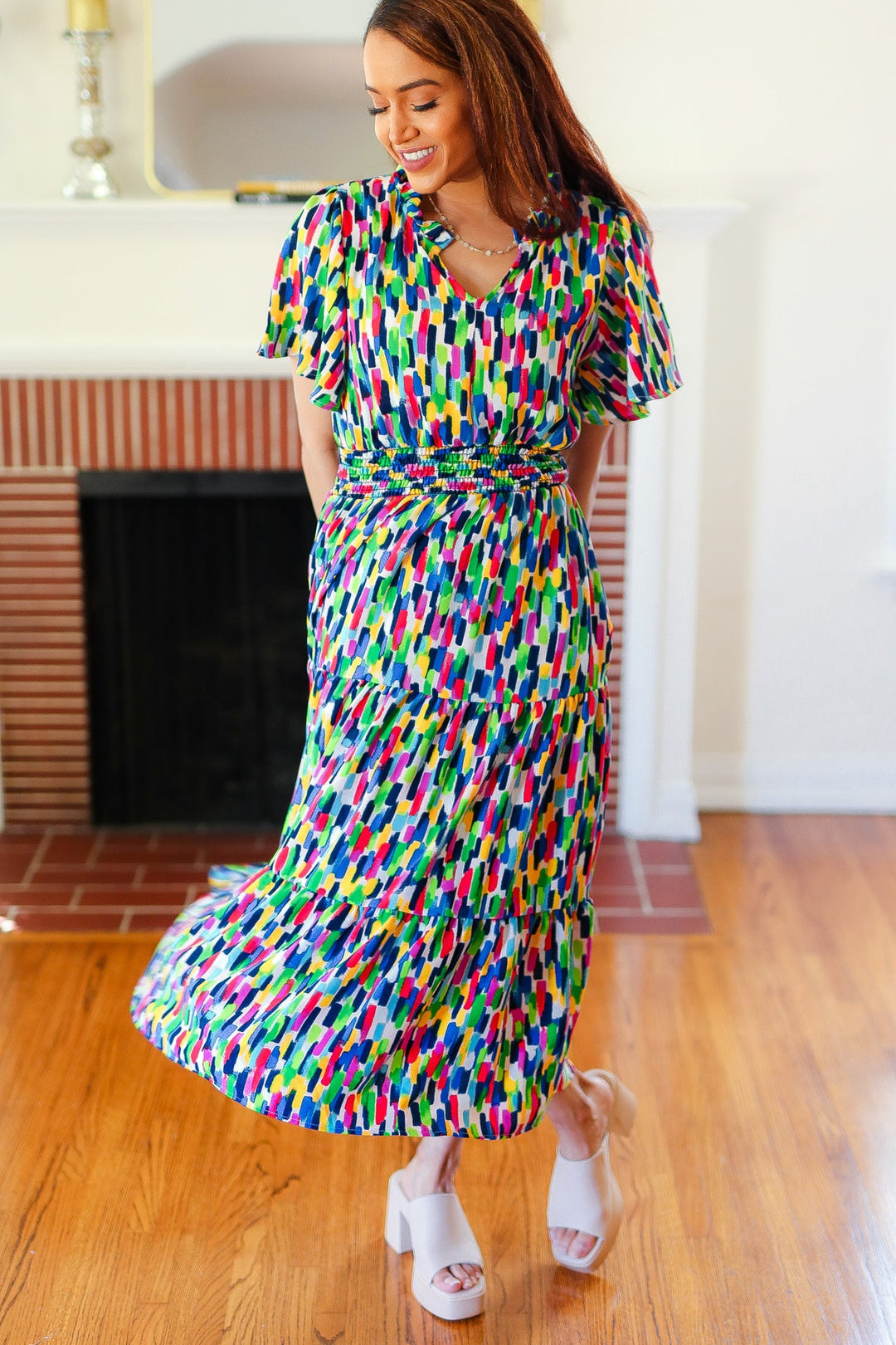 Eyes On You - Abstract Print Smocked-Waist Maxi Dress