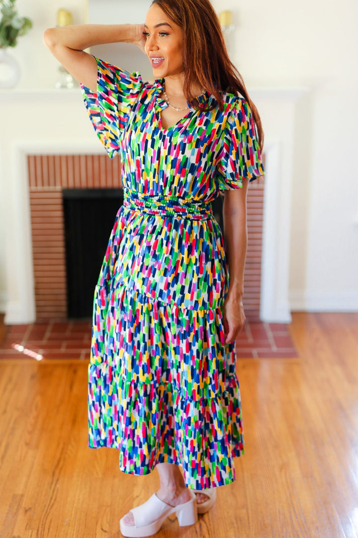 Eyes On You - Abstract Print Smocked-Waist Maxi Dress