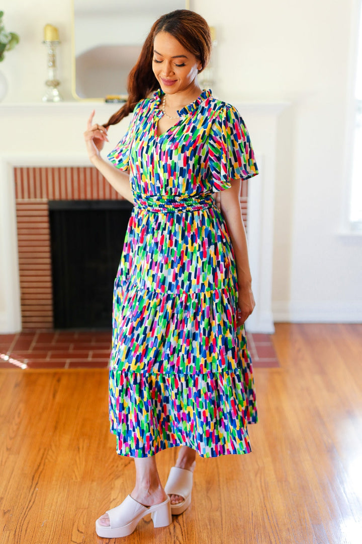 Eyes On You - Abstract Print Smocked-Waist Maxi Dress