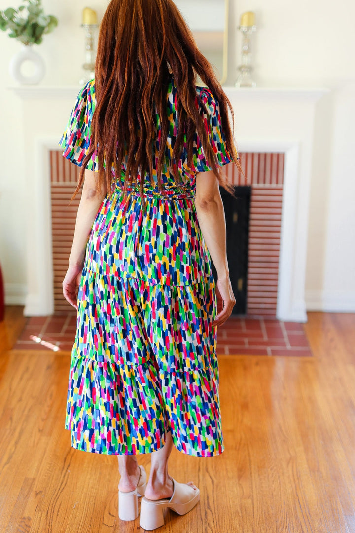 Eyes On You - Abstract Print Smocked-Waist Maxi Dress