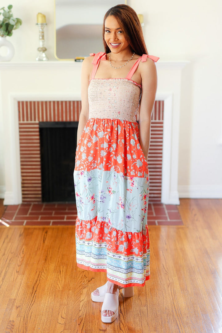 Stepping Out Floral Smocked Tiered Maxi Dress - Taupe