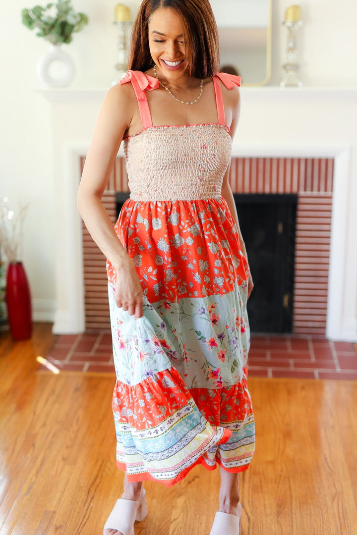 Stepping Out Floral Smocked Tiered Maxi Dress - Taupe