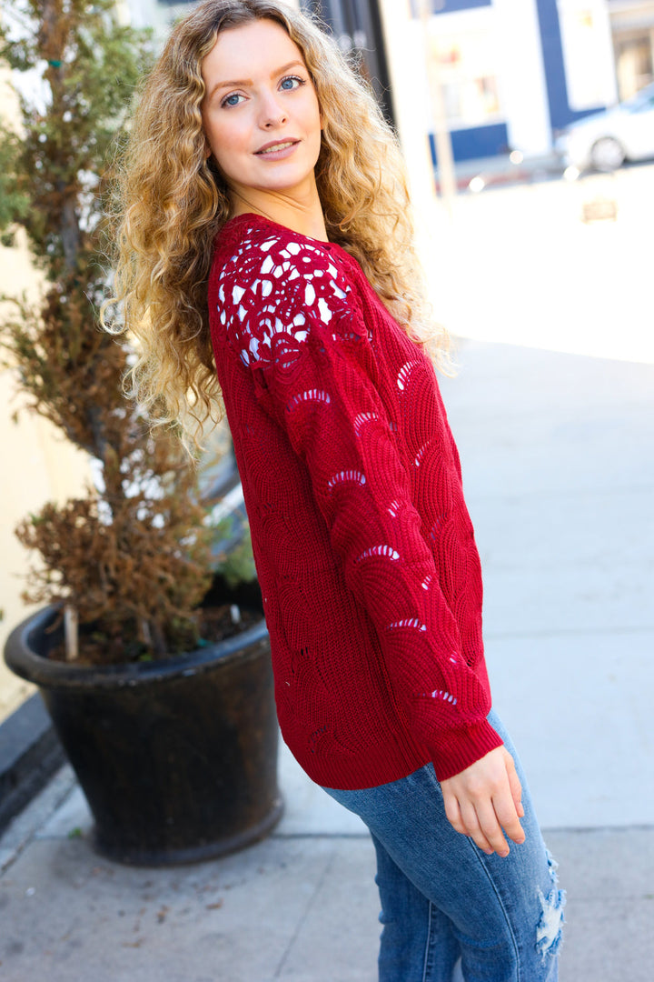 Burgundy Pointelle Lace Shoulder Knit Sweater Top