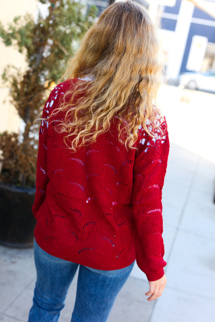 Burgundy Pointelle Lace Shoulder Knit Sweater Top