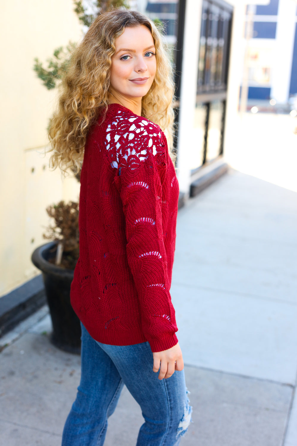 Burgundy Pointelle Lace Shoulder Knit Sweater Top