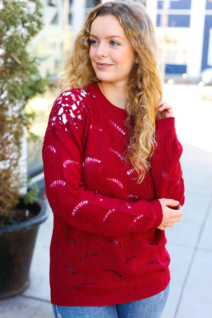 Burgundy Pointelle Lace Shoulder Knit Sweater Top