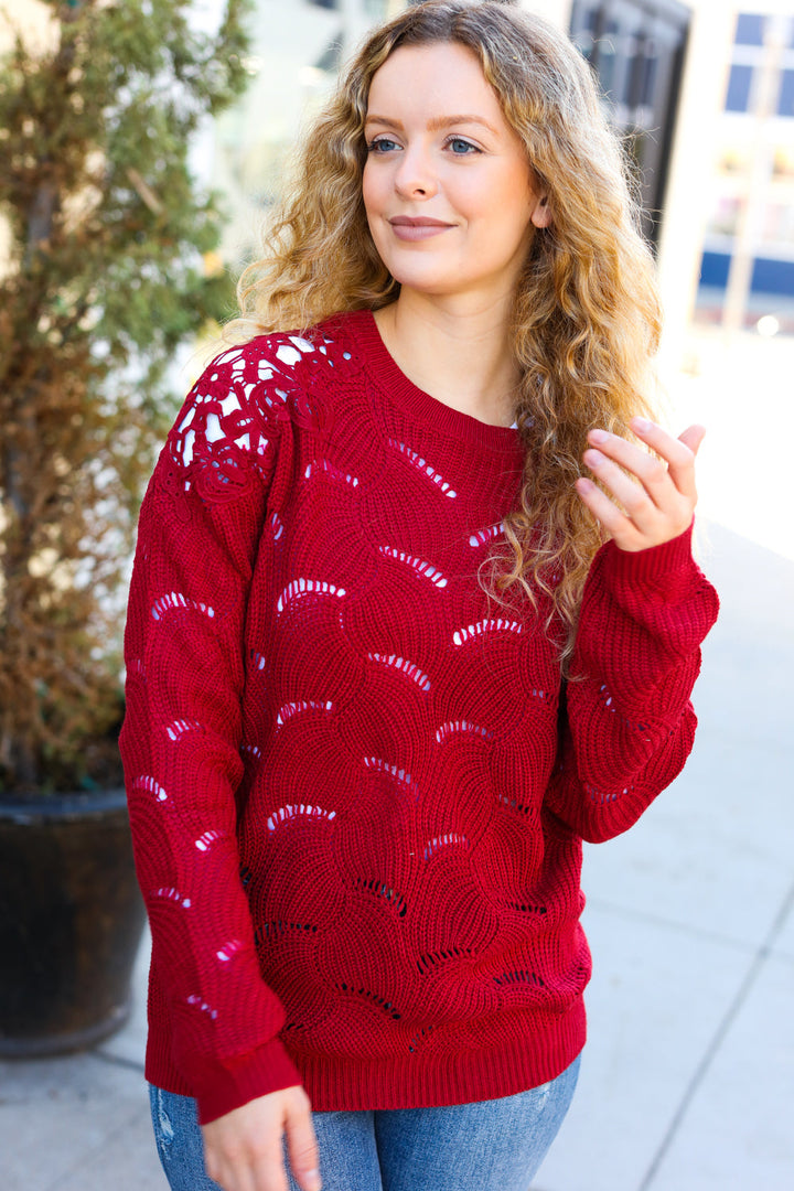 Burgundy Pointelle Lace Shoulder Knit Sweater Top