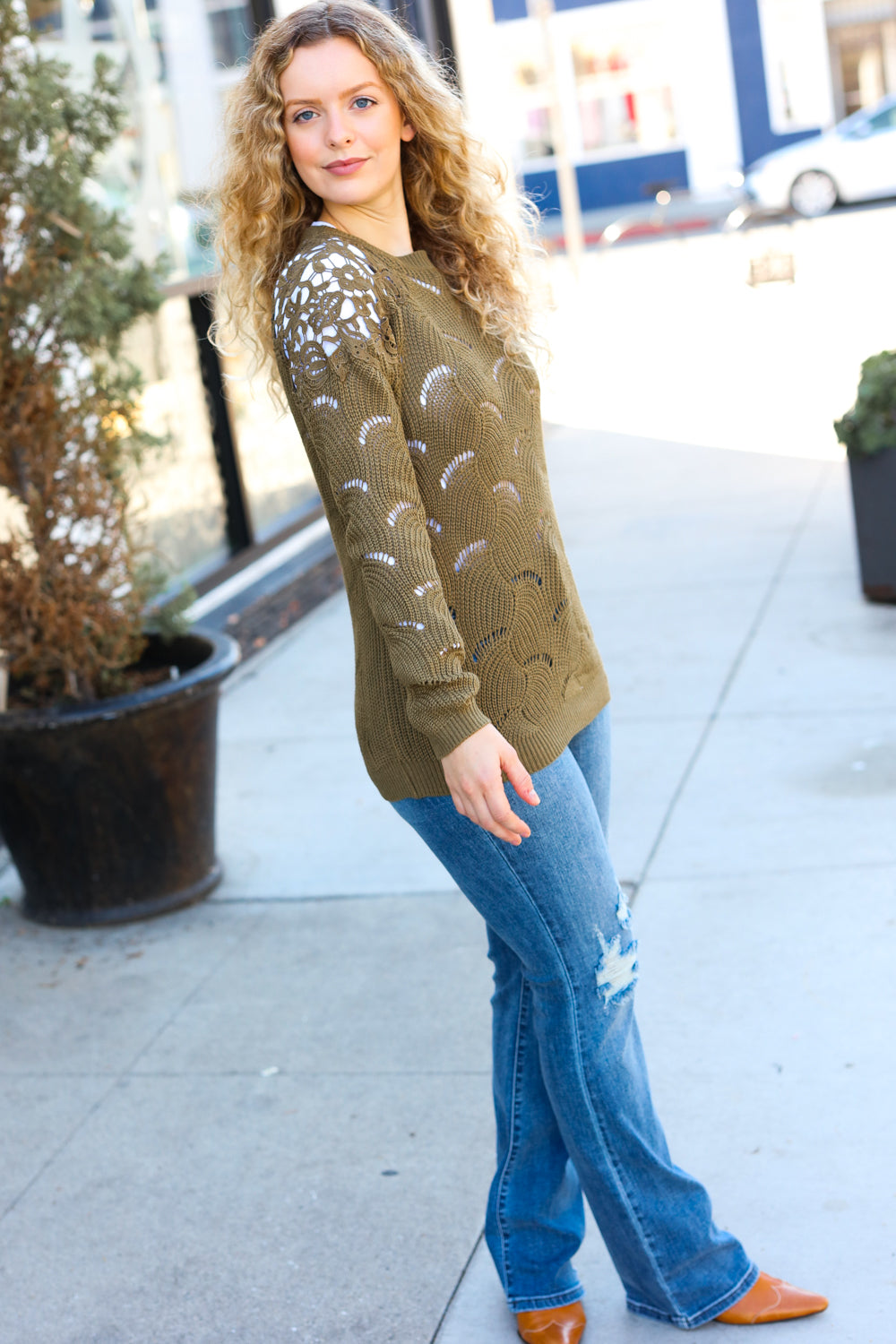 Olive Pointelle Lace Shoulder Knit Sweater Top