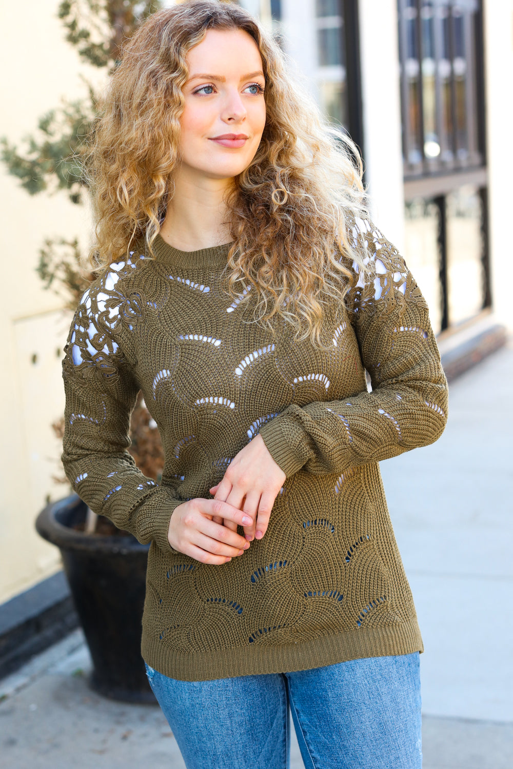 Olive Pointelle Lace Shoulder Knit Sweater Top