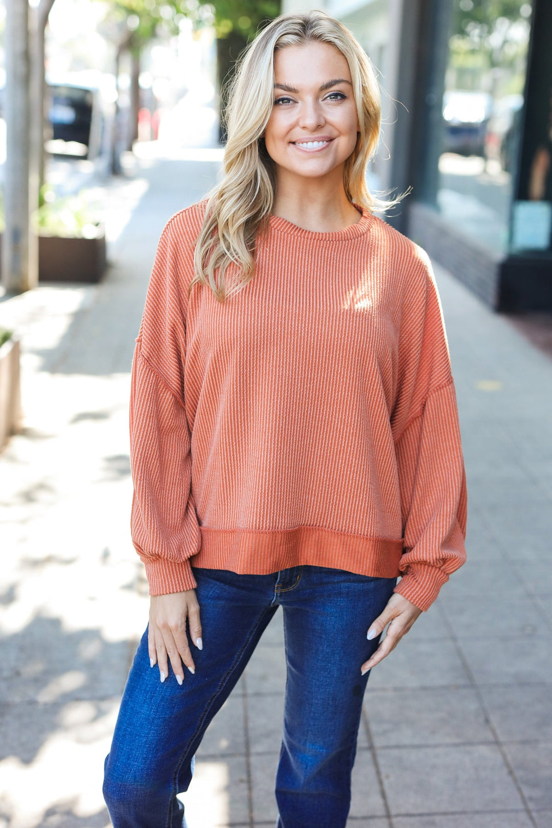 Happy Vibes Mineral-Wash Ribbed Pullover - Rust