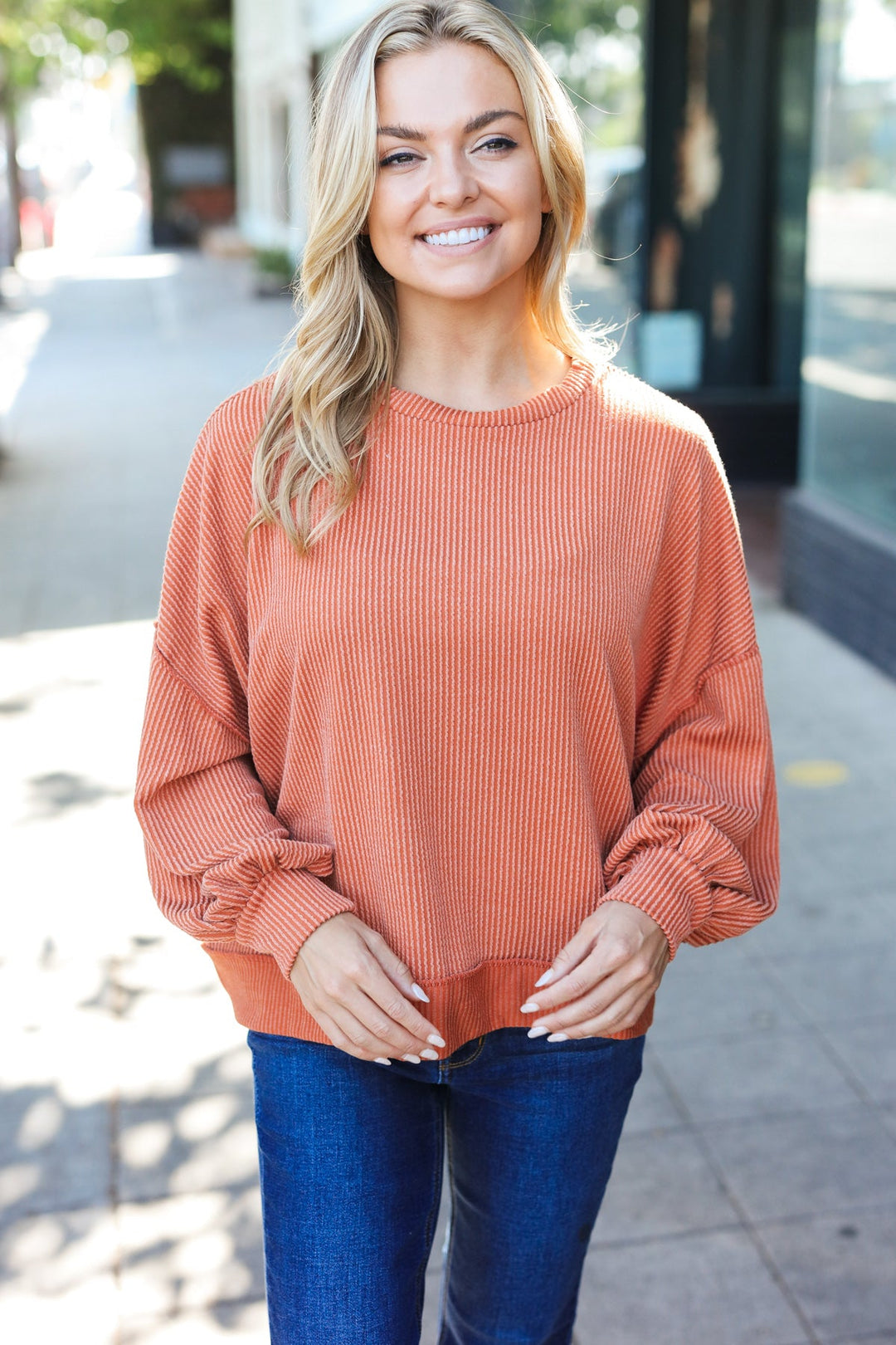 Happy Vibes Mineral-Wash Ribbed Pullover - Rust