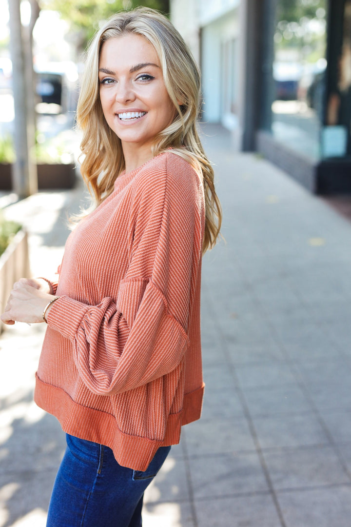 Happy Vibes Mineral-Wash Ribbed Pullover - Rust