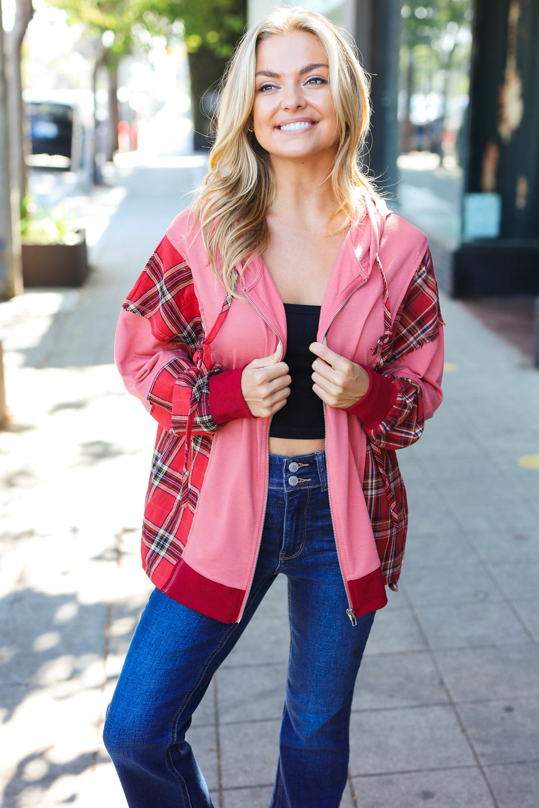 Loved And Adored - Plaid French Terry Hoodie Jacket