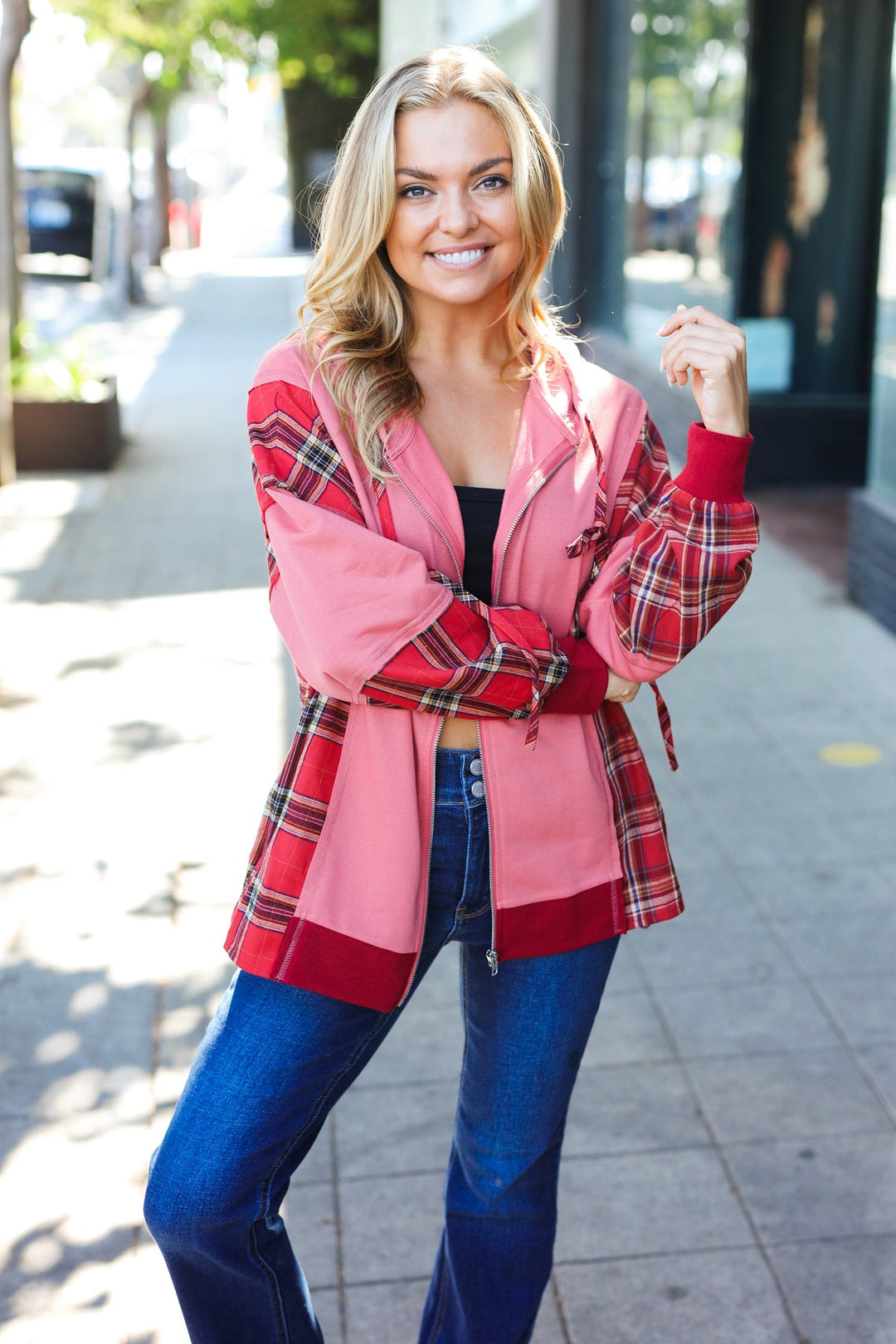 Loved And Adored - Plaid French Terry Hoodie Jacket