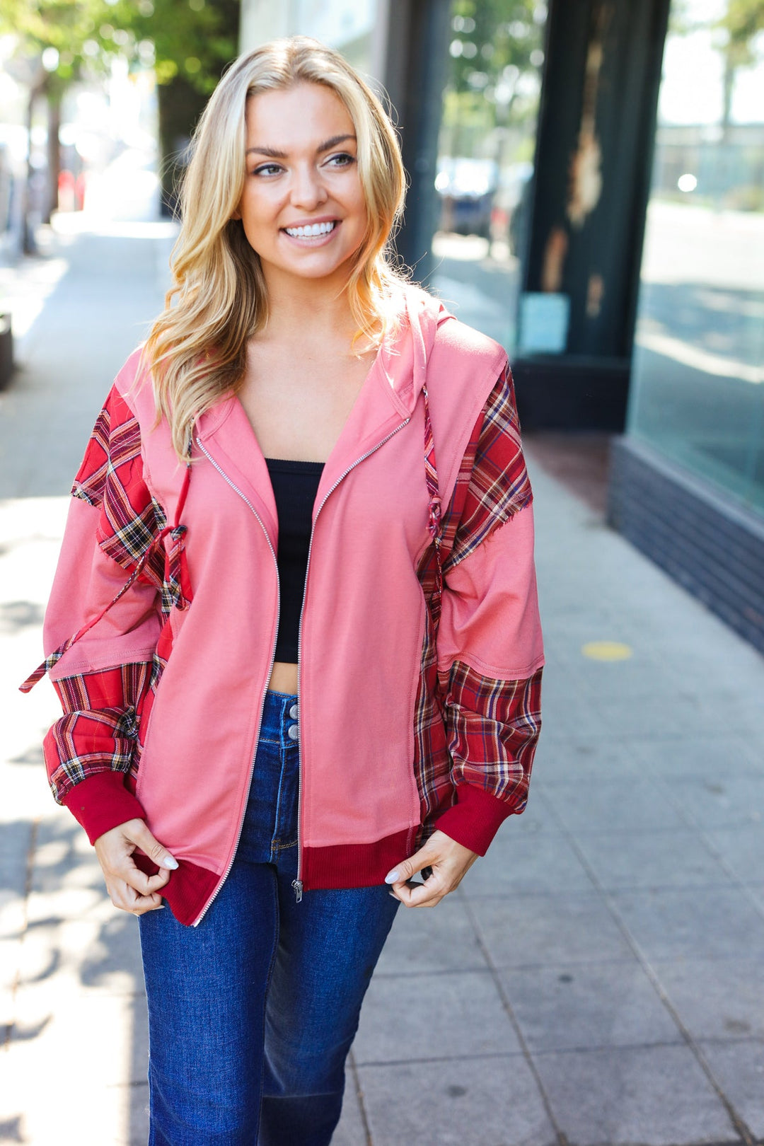 Loved And Adored - Plaid French Terry Hoodie Jacket