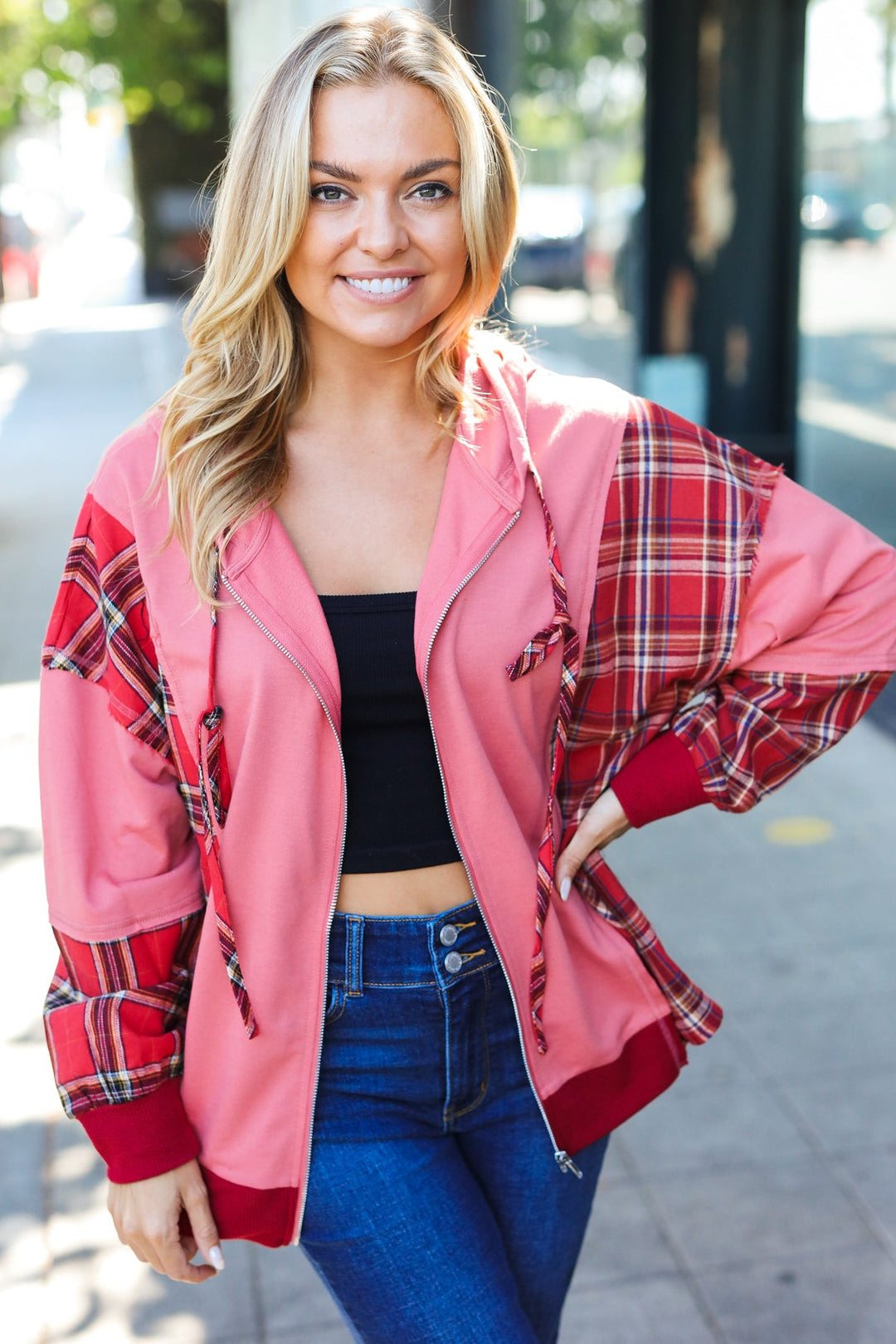 Loved And Adored - Plaid French Terry Hoodie Jacket