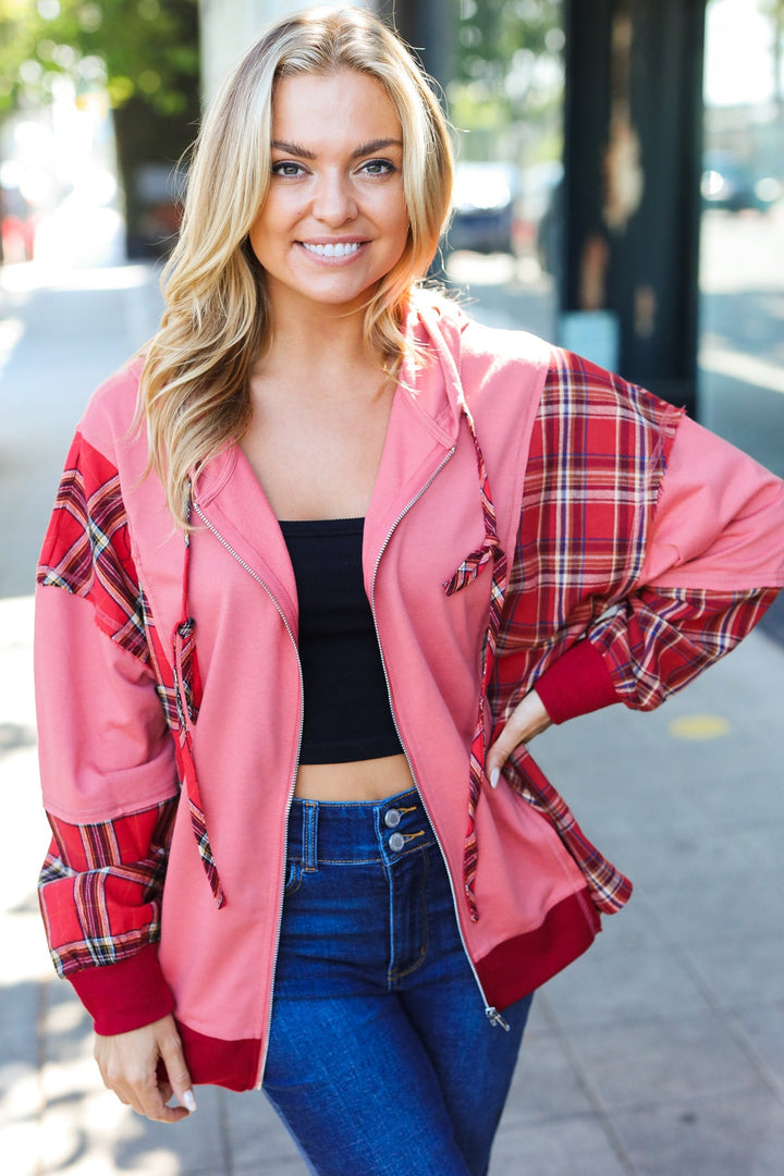 Loved And Adored - Plaid French Terry Hoodie Jacket