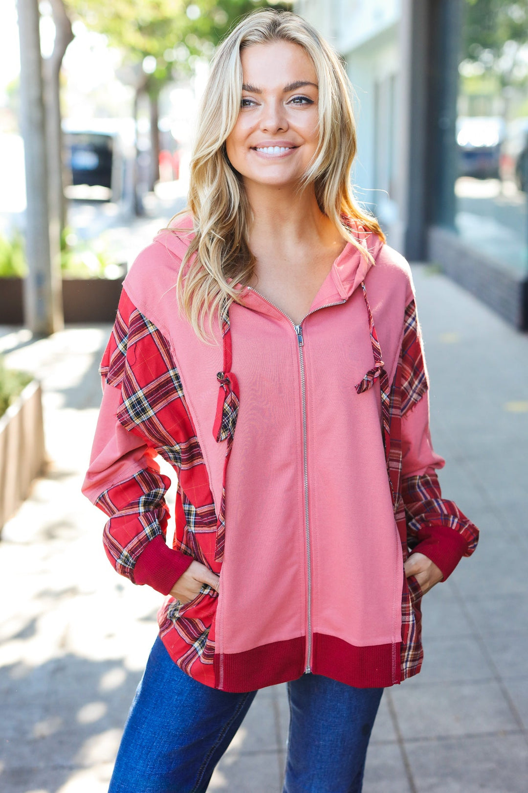 Loved And Adored - Plaid French Terry Hoodie Jacket