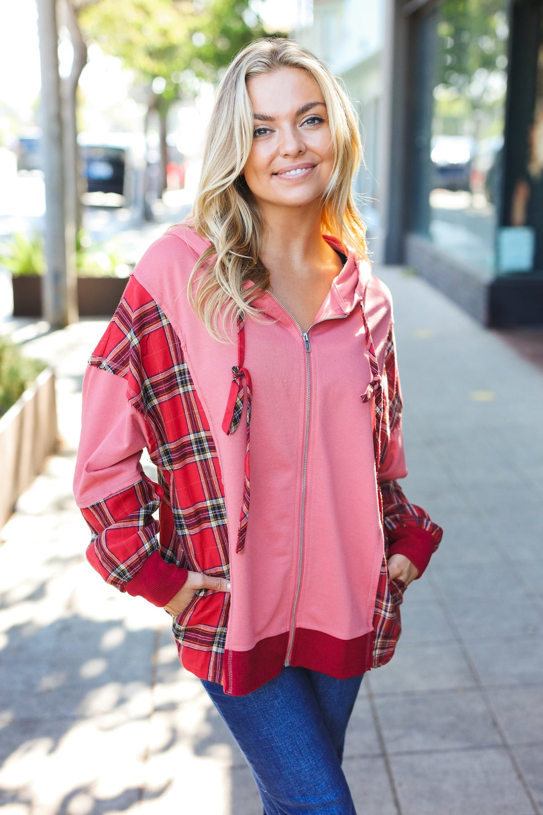 Loved And Adored - Plaid French Terry Hoodie Jacket