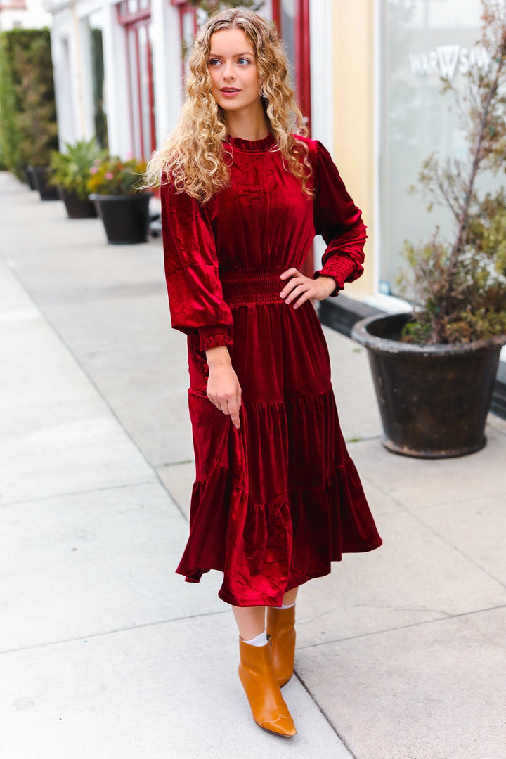 Velvet Smocked-Waist Dress - Burgundy