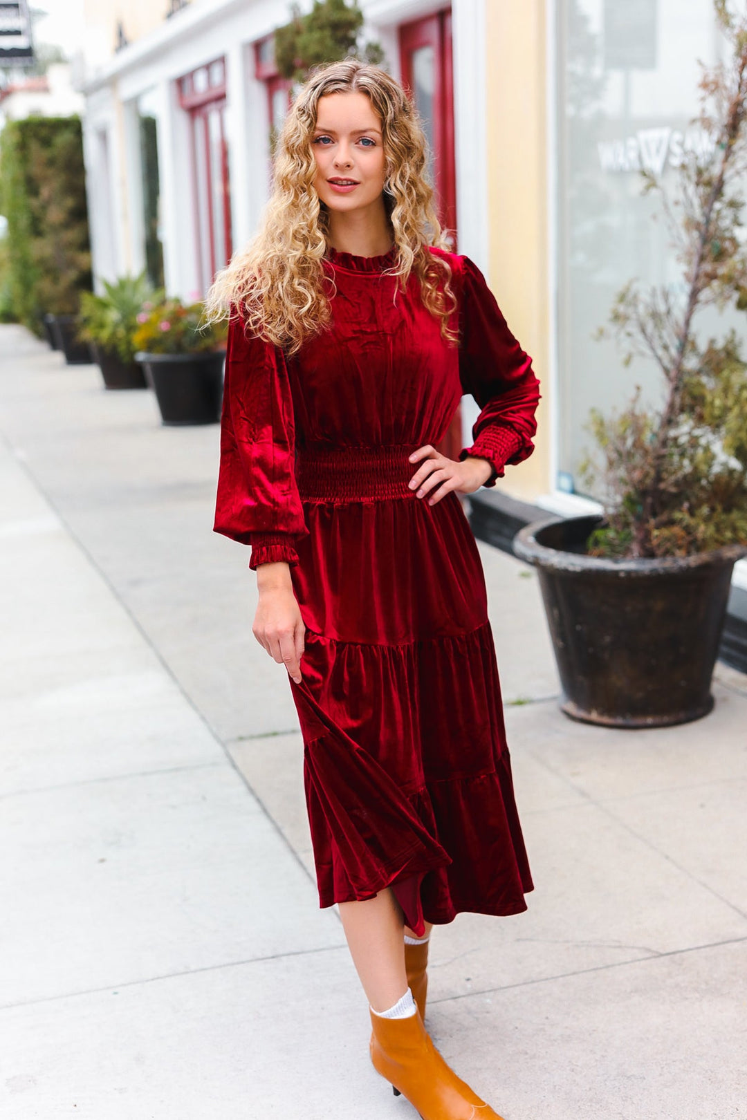 Velvet Smocked-Waist Dress - Burgundy