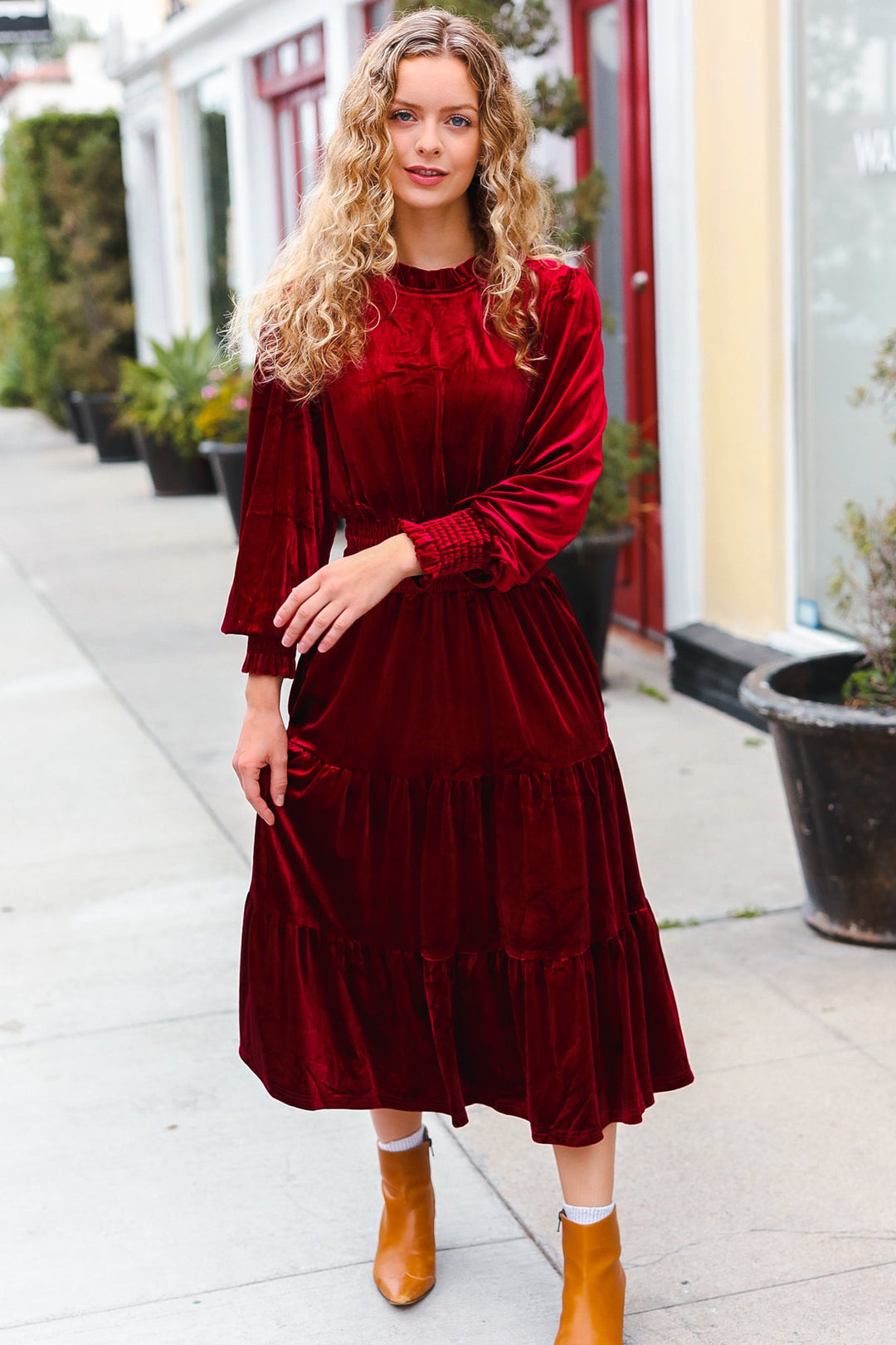 Velvet Smocked-Waist Dress - Burgundy