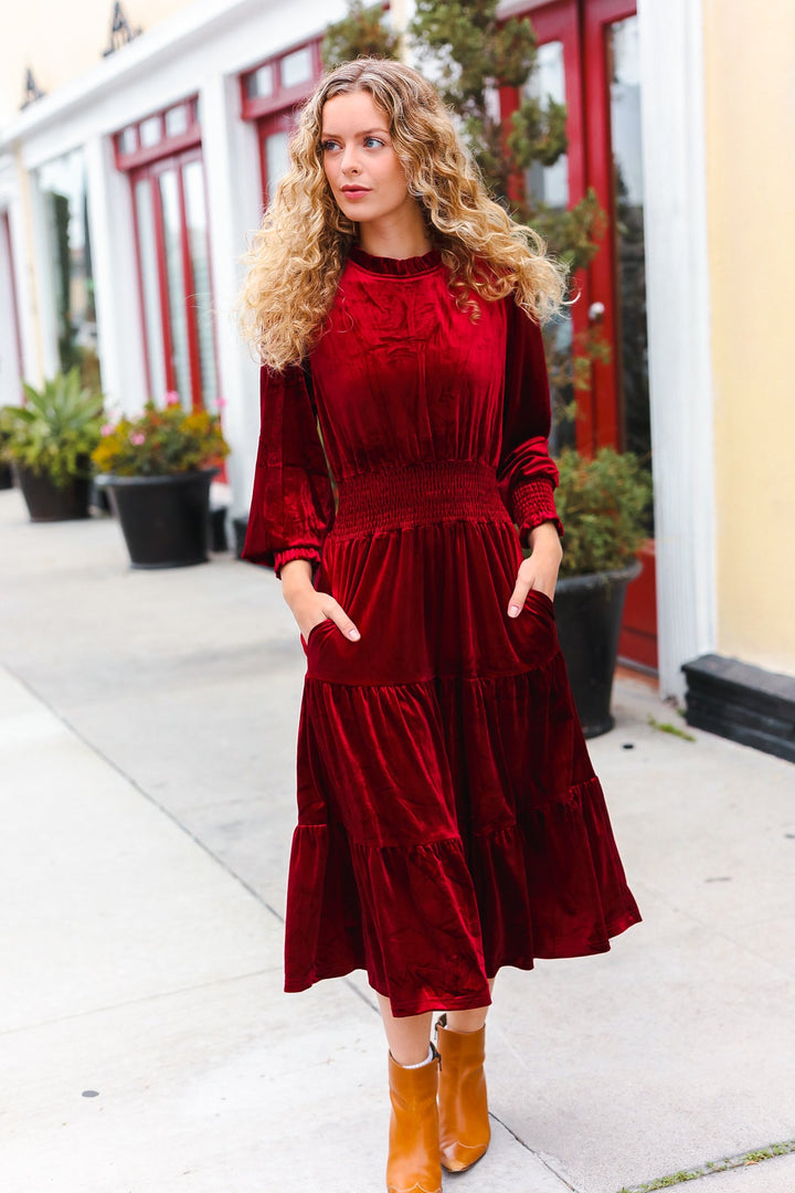 Velvet Smocked-Waist Dress - Burgundy