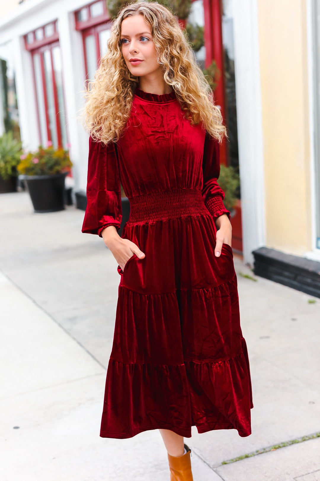 Velvet Smocked-Waist Dress - Burgundy