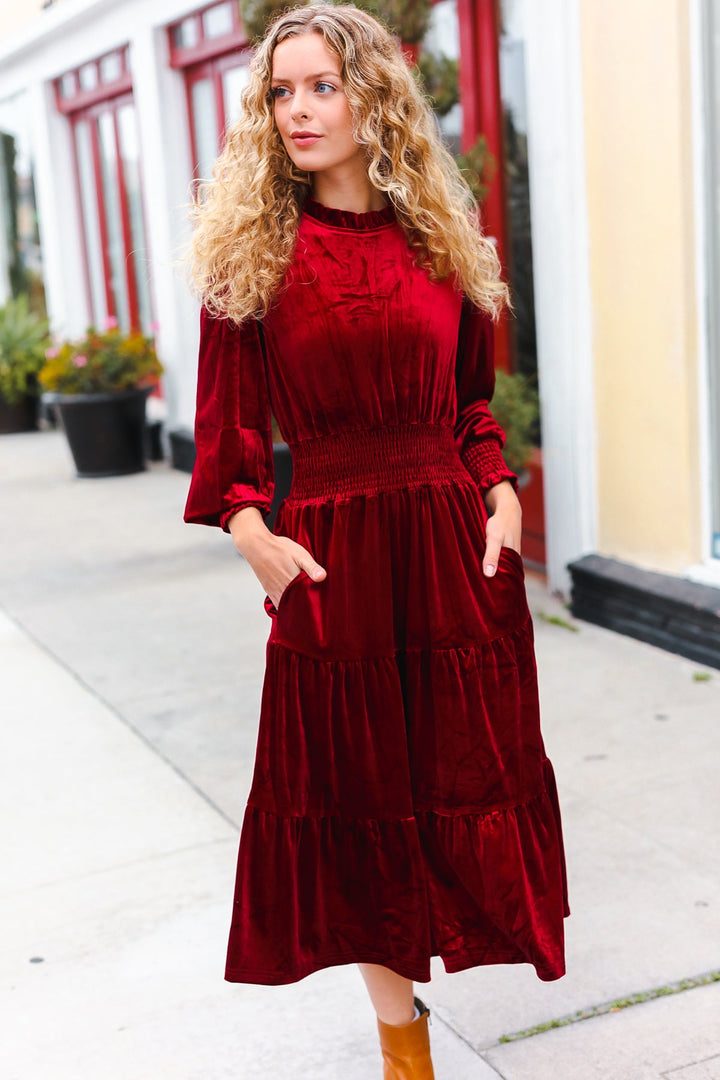 Velvet Smocked-Waist Dress - Burgundy