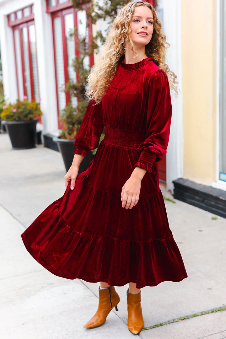 Velvet Smocked-Waist Dress - Burgundy