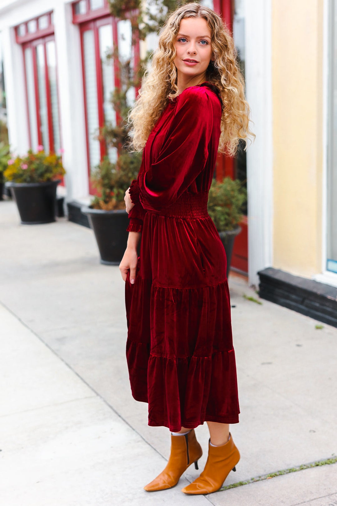 Velvet Smocked-Waist Dress - Burgundy