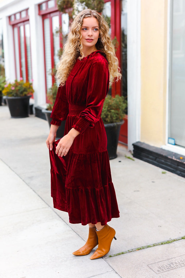 Velvet Smocked-Waist Dress - Burgundy