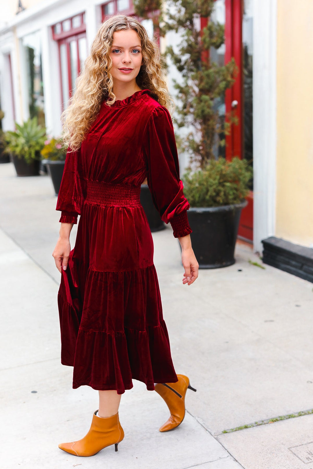 Velvet Smocked-Waist Dress - Burgundy