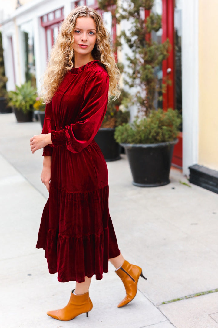 Velvet Smocked-Waist Dress - Burgundy