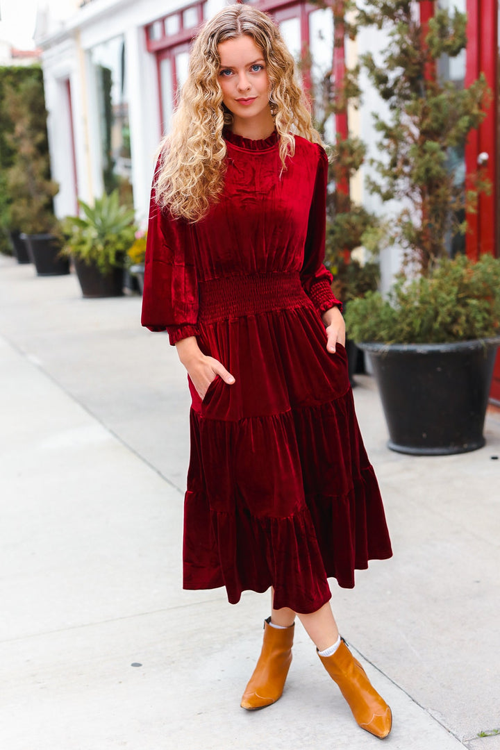 Velvet Smocked-Waist Dress - Burgundy