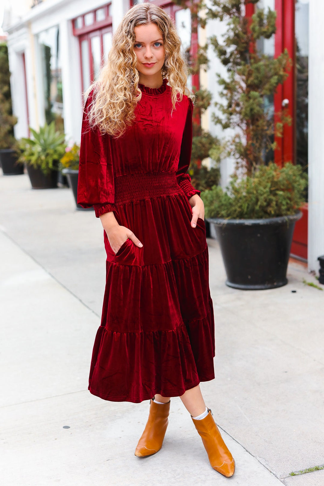 Velvet Smocked-Waist Dress - Burgundy