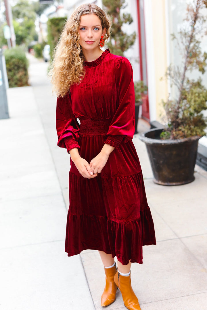 Velvet Smocked-Waist Dress - Burgundy