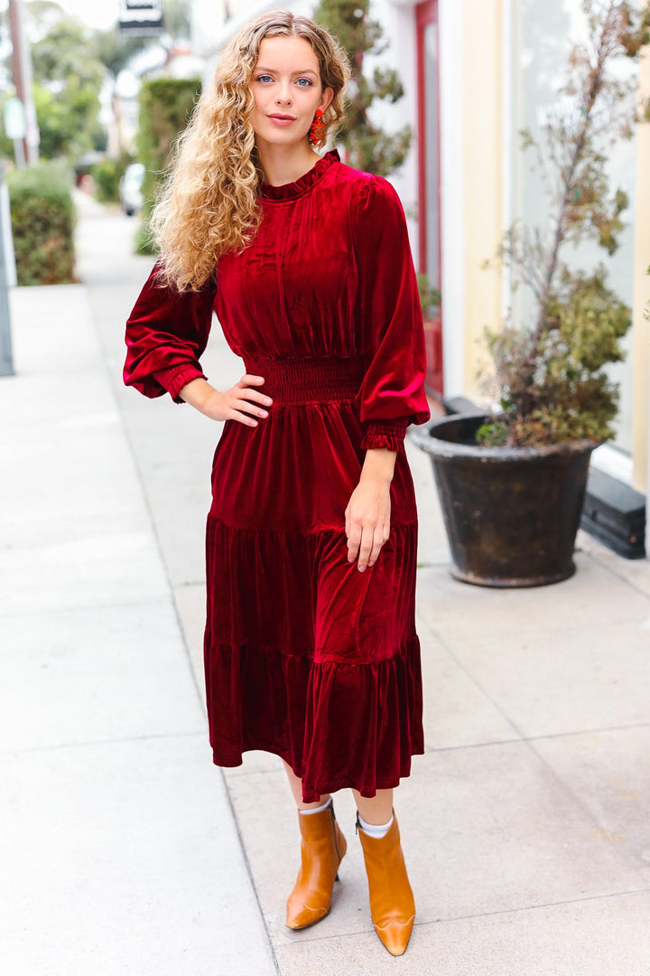 Velvet Smocked-Waist Dress - Burgundy