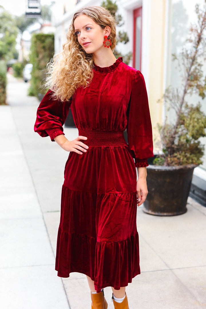 Velvet Smocked-Waist Dress - Burgundy