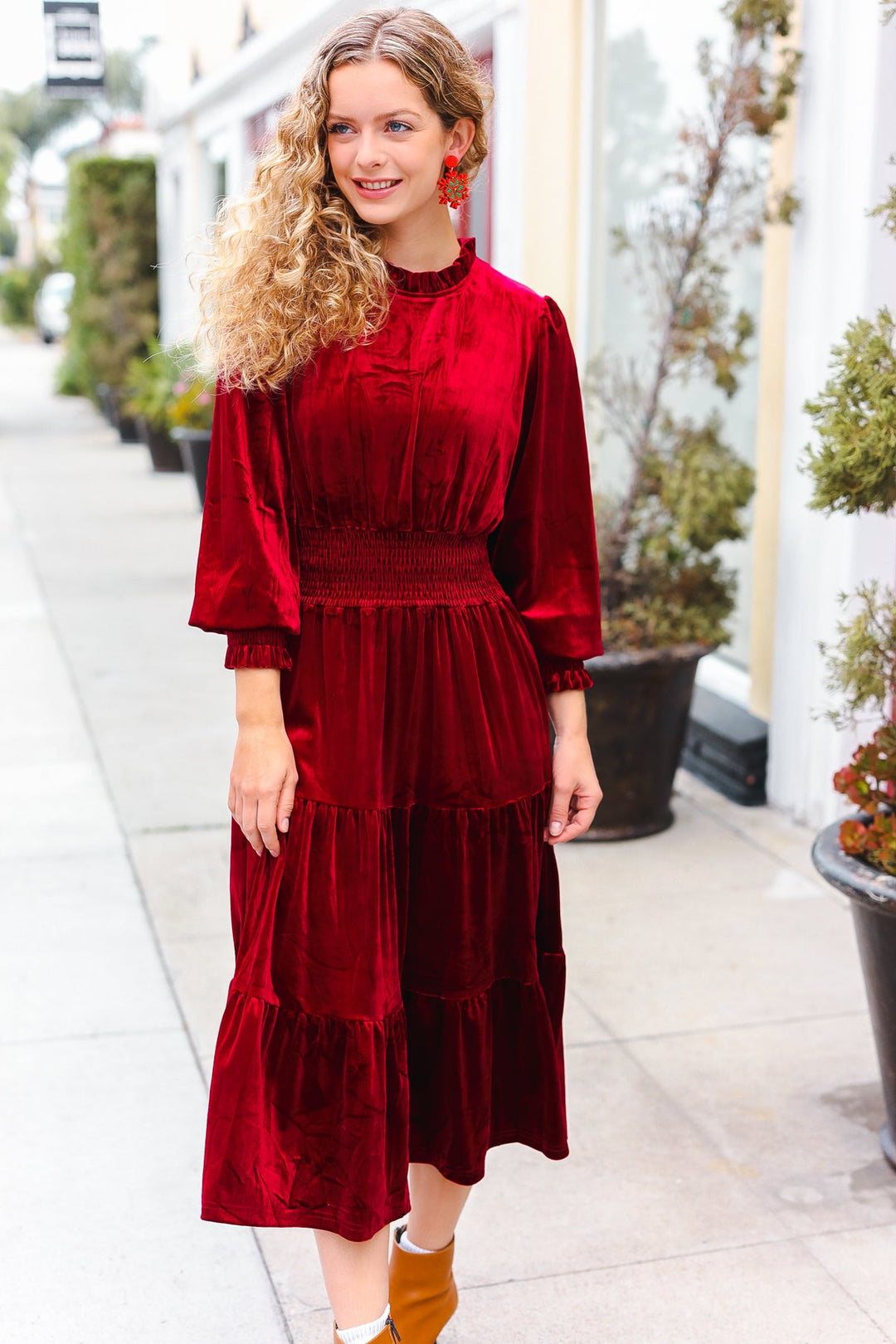 Velvet Smocked-Waist Dress - Burgundy