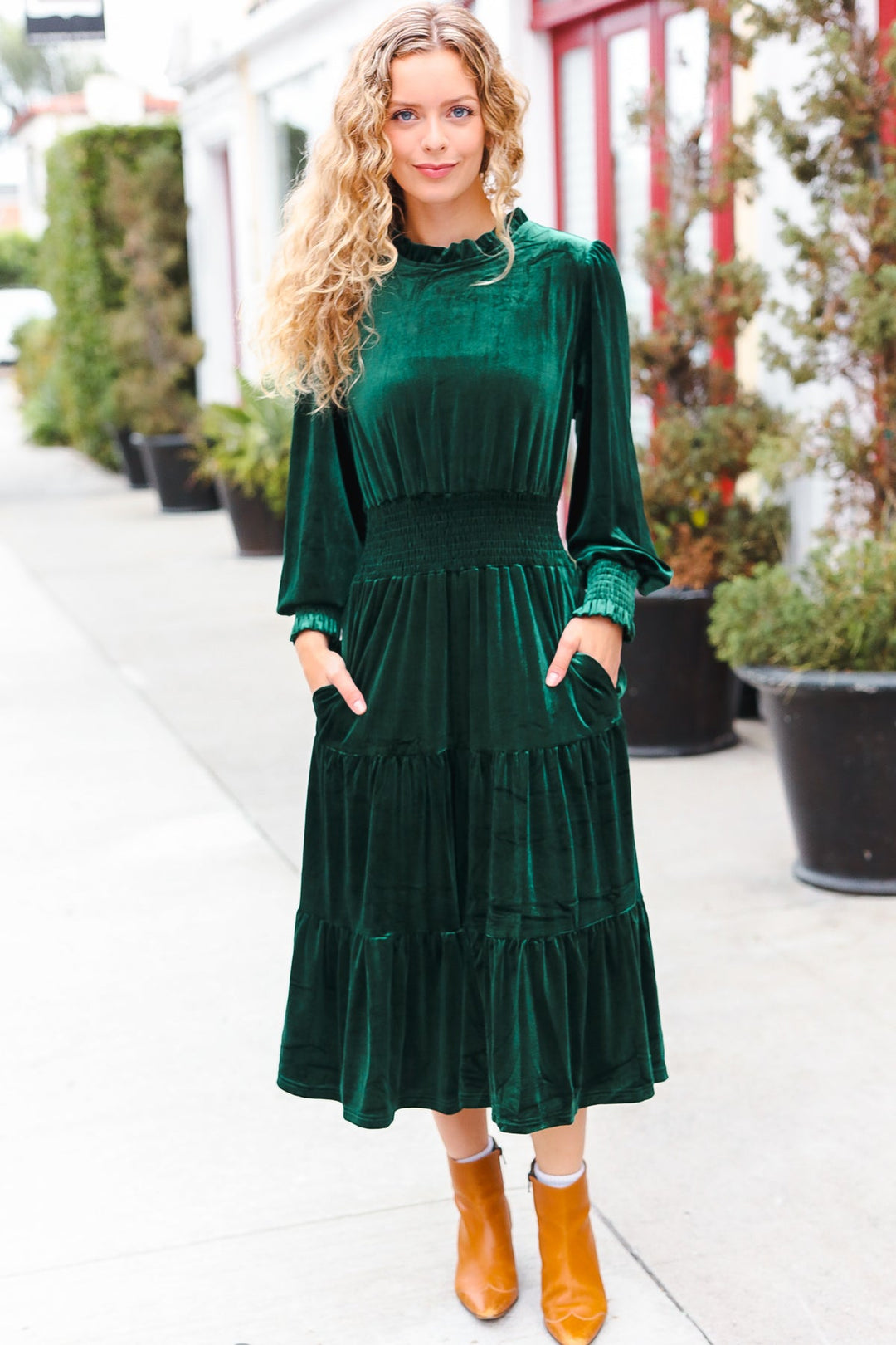 Velvet Smocked-Waist Dress - Hunter Green