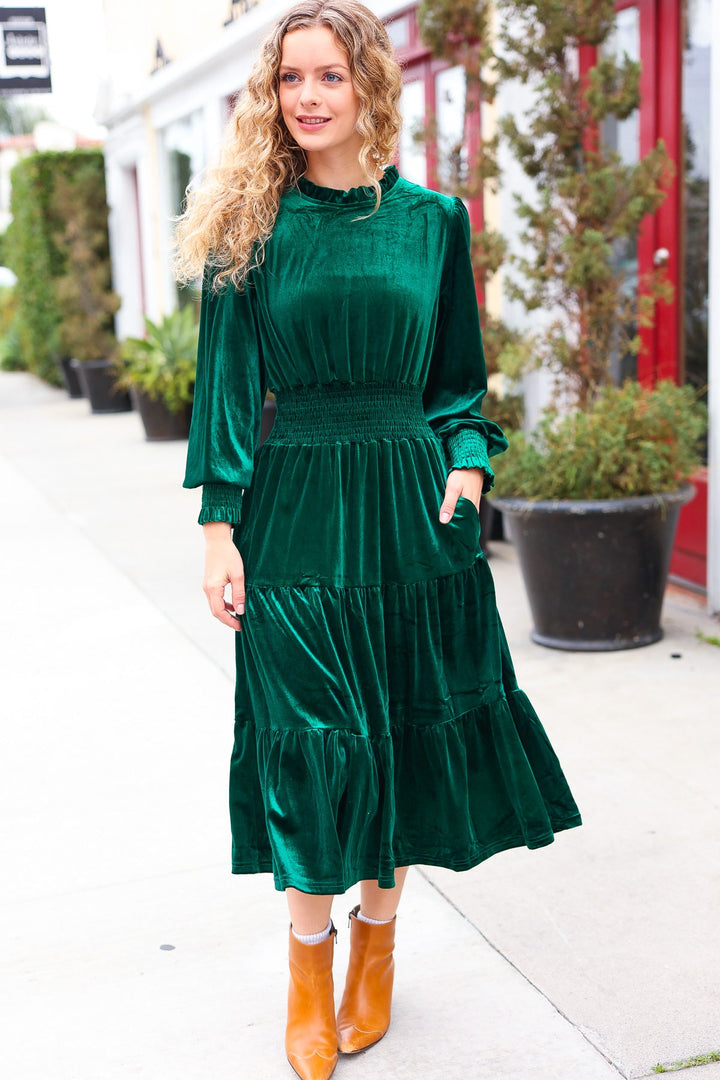 Velvet Smocked-Waist Dress - Hunter Green