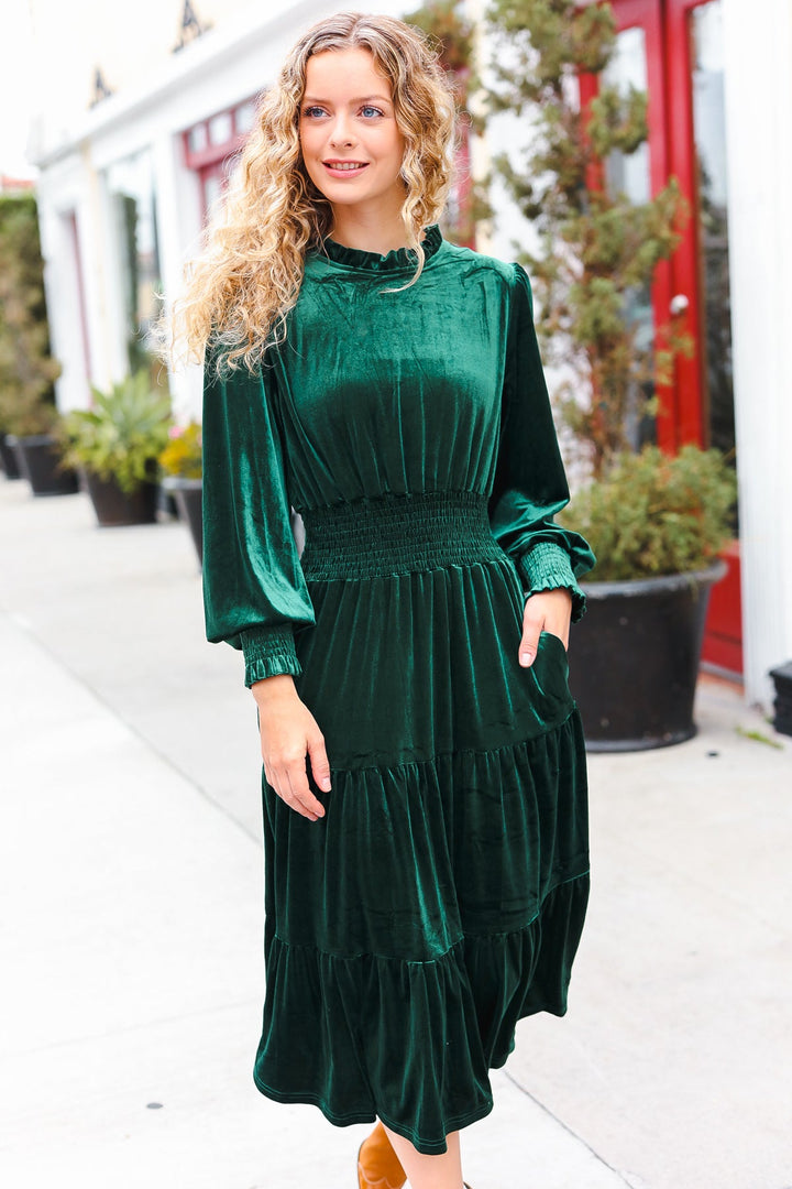 Velvet Smocked-Waist Dress - Hunter Green