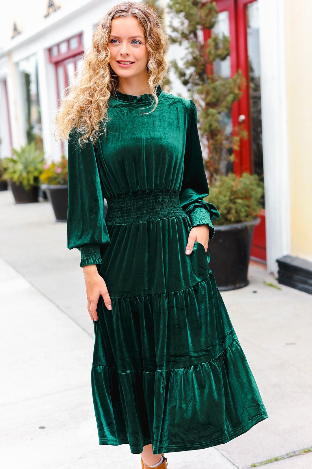 Velvet Smocked-Waist Dress - Hunter Green