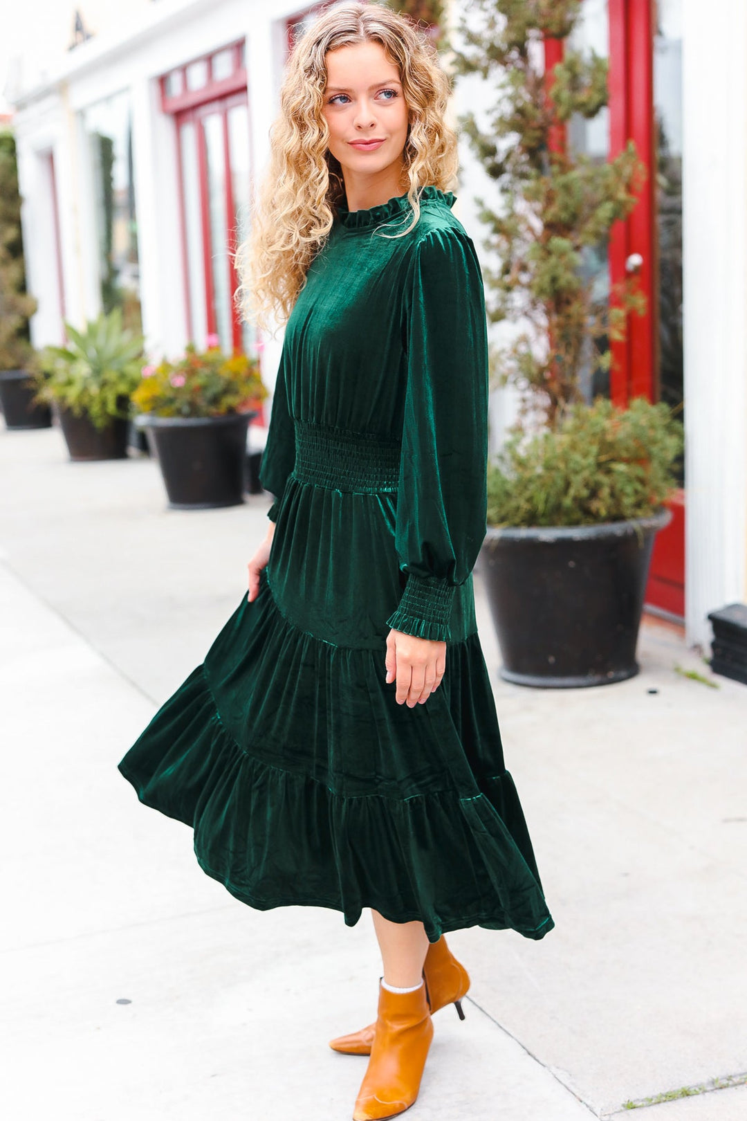 Velvet Smocked-Waist Dress - Hunter Green