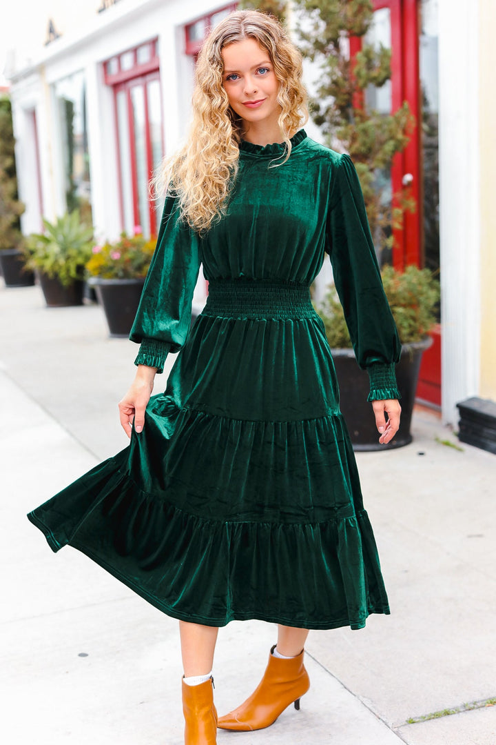 Velvet Smocked-Waist Dress - Hunter Green