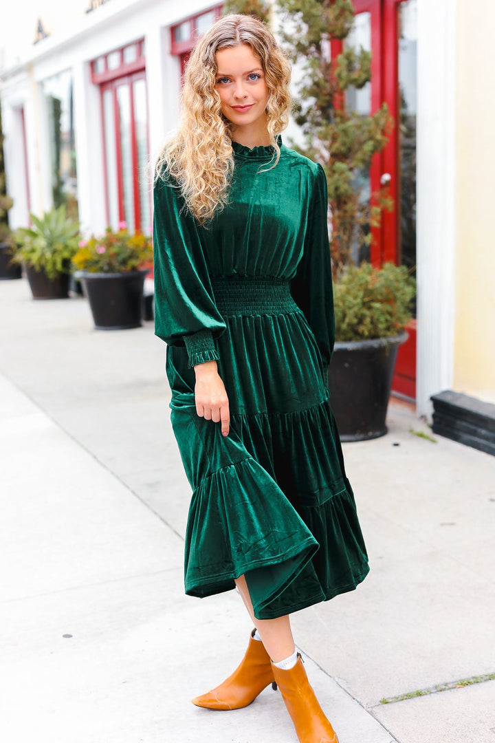 Velvet Smocked-Waist Dress - Hunter Green