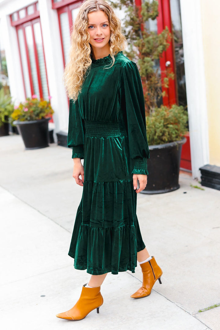 Velvet Smocked-Waist Dress - Hunter Green